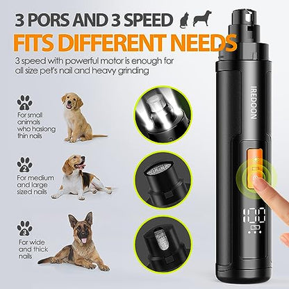 IREDOON Dog Nail Grinder Upgraded - Professional 3-Speed Super Quiet and Low Vibration Electric Pet Nail Grinder with 4 LED Lights - Painless Paws Grooming & Smoothing for Small to Large Dogs (Black) - color: Black
