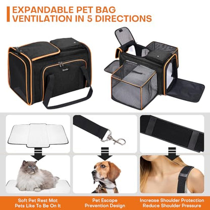 Pet Carrier, Large Soft Sided Expandable Travel Carrier with Steel Frame, Anti-Scratch Mesh, Removable Fleece Pad and Pockets for Cats, Dogs and Small Animals up to 15 lbs (Black, 4 Sides Expandable) - color: Black