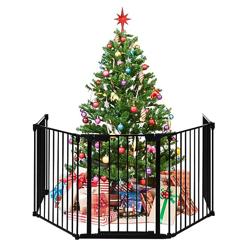 Costzon Baby Safety Gate, 121 Inch Length 5 Panel Adjustable Wide Fireplace Fence, BBQ Metal Fire Screen Gate, Pet Isolation Fence with Walk-Through Door, Freestanding Pets Gate - color: Black, size: 5-Panel