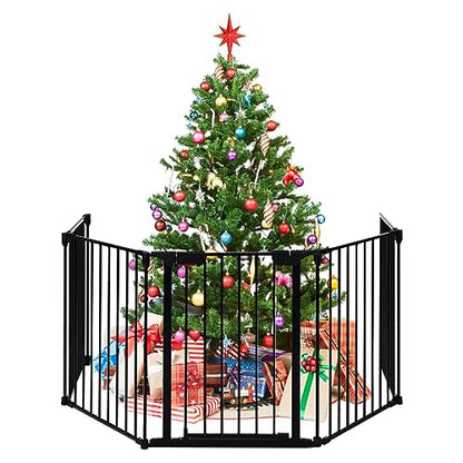 Costzon Baby Safety Gate, 121 Inch Length 5 Panel Adjustable Wide Fireplace Fence, BBQ Metal Fire Screen Gate, Pet Isolation Fence with Walk-Through Door, Freestanding Pets Gate - color: Black, size: 5-Panel
