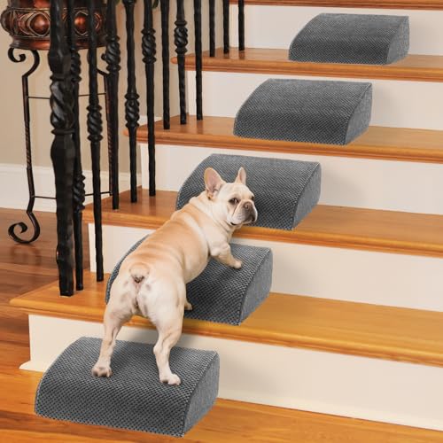 40D Dog Ramp for Stairs for Small & Senior Dogs and Cats – Non-Slip Stair Ramp for Dogs with Gentle Slope, Pet Ramp with Washable Cover & Self-Sticky Pads for Safe Climbing Easy Install(Grey, 5 Pack)