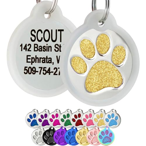 GoTags Paw Print Round Stainless Steel Pet Tag for Dogs and Cats, Personalized with 4 Lines of Custom Engraved ID Name and Number, in Stainless Steel and 15 Colors Small and Large, Glitter Gold - color: Glitter Gold, size: Large w/ Silencer