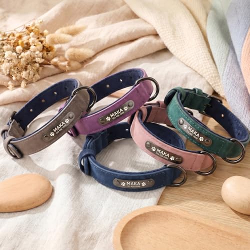 Personalized Anti-Lost Leather Dog Collar with Engraved Nameplate | Heavy duty metal buckle and clear laser marked ID. Features a smooth leather lining to protect fur during daily walks. - size: M: Adjustable Neck 10.63-13.78", Width 0.79"