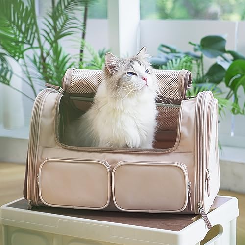 FUKUMARU Cat Carrier, 4 Mesh Windows Small Dog Carrier, 4 Storage Pockets Cat Travel Bag, Under 15 lb Airline Approved Pet Carrier, Rollable Cover for Nervous Cats, Pink - color: Pink
