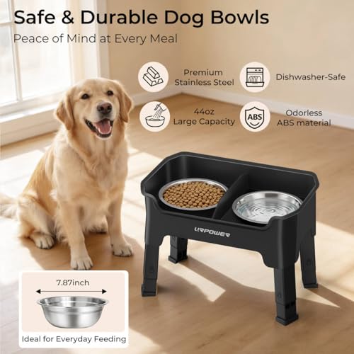 URPOWER Mess Proof Elevated Dog Bowls, High Wall Splash Guard Design, 4 Height Adjustable Raised Bowl Stand, 2 Stainless Steel Bowls, Non-Slip Food Water Set for Small Medium Large Dogs - color: Black, size: Medium