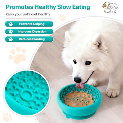 Dog Lick Bowl Slow Feeder with Slanted Anti-Spill Design, Extra-Thick Bite-Resistant Rim, Strong Suction Base, Freezer Safe for Frozen Treats — A Cleaner Alternative to Lick Mats for Dogs (Teal) - color: Teal