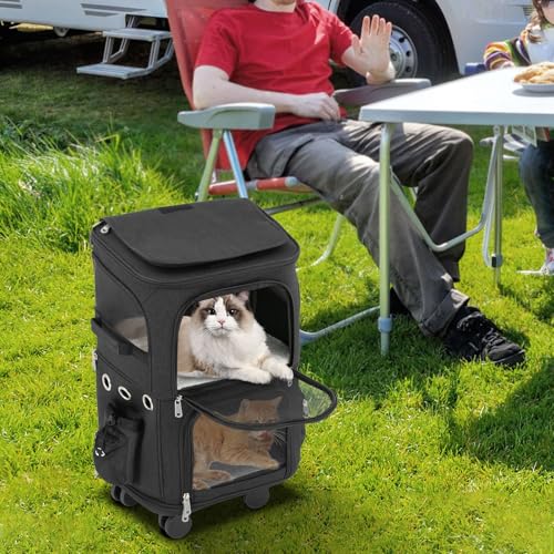 Double-Compartment Pet Rolling Carrier with Wheels, 13.78 * 10.24 * 24.01 in Ajustable Pet Carrier, 22.05 lbs Bearing Collapsible Pet Trolley Bag for Cats, Dogs, Pet Ferrets, Rabbits (Black) - color: Black