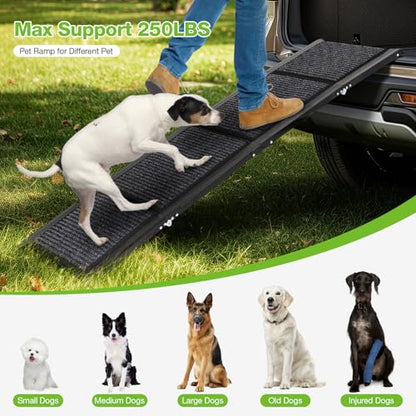 Dog Ramp for Car，63" x 17" Wide Folding Pet Ramp Dog Ramps for Medium & Large Dogs with Non-Slip Rug Surface ，Portable Dog Car Ramp for SUV Car & Truck, Outdoor Dog Ramp Up to 250 LBS - size: Upgraded 63" L x 17.3" W