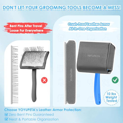 Large Slicker Brush, 2Pc Doodle Grooming Kit with Comb,Blue | With two leather protective covers; ideal for Poodles, Labradoodles; extra long pin; premium wooden handle; removes mats. - color: Blue