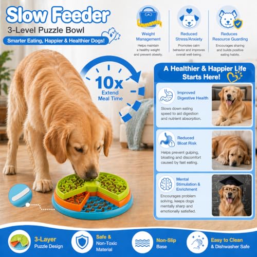 3-Level Slow Feeder Dog Bowls - Non-Slip Interactive Dog Puzzle Toy