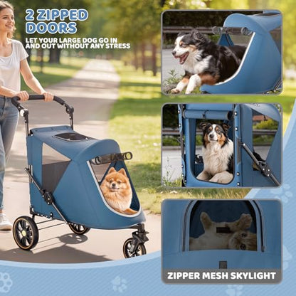 Magshion Pet Stroller for Medium Dogs w/Adjustable Handle, 3-Wheel Dog Cat Wagon w/Dual Entry, Rear Storage, Breathable Mesh, One-Foot Brake, Ideal for Large Pets up to 55 lbs, Navy Blue - color: Navy Blue, style: Up to 55 lbs