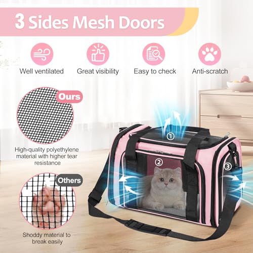 Discala Cat Dog Carrier Up to 15 Lbs TSA Airline Approved Pet Carrier for Small Medium Cats Puppies Dog Carriers for Small Dogs Collapsible Soft Sided Cat Travel Carrier - Pink 15.7"x10.2"x10.2" - color: Pink
