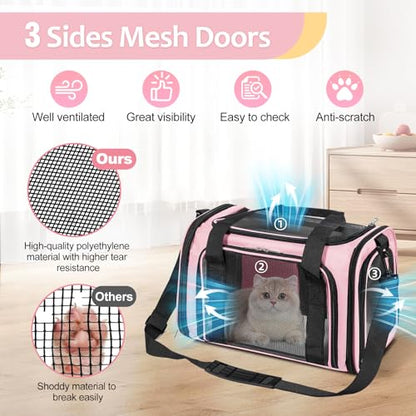 Discala Cat Dog Carrier Up to 15 Lbs TSA Airline Approved Pet Carrier for Small Medium Cats Puppies Dog Carriers for Small Dogs Collapsible Soft Sided Cat Travel Carrier - Pink 15.7"x10.2"x10.2" - color: Pink