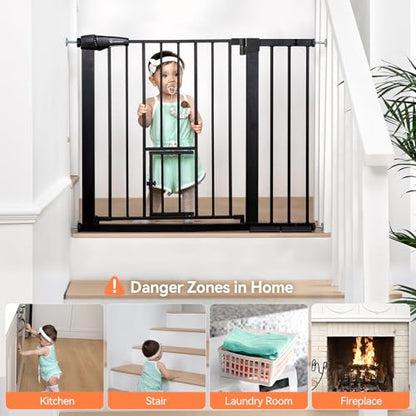 COMOMY Auto Close Pet Gate with Cat Door, 29.5"-40.5" Dog Gate for House Doorways Stairs, Pressure Mounted Easy Walk Thru Safety Gate, Includes 4 Wall Cups and 2 Extension Pieces, Black - color: Black