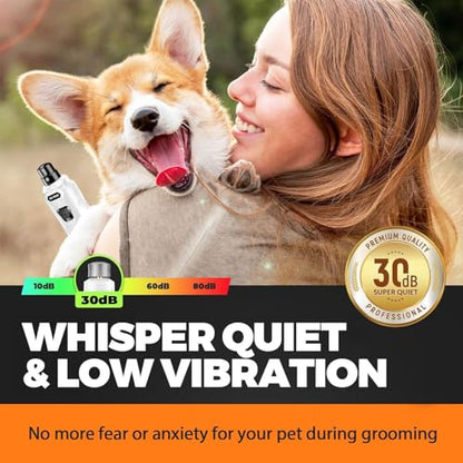 Whisper Quiet Dog Nail Grinder with 4 LED Lights, Safe & Stress-Free for Sensitive Dogs of All Breeds & Sizes, 3 Grinding Bits, 3-Speed, Pet Nail Trimmers, Rechargeable Painless Grooming Kit White - color: White