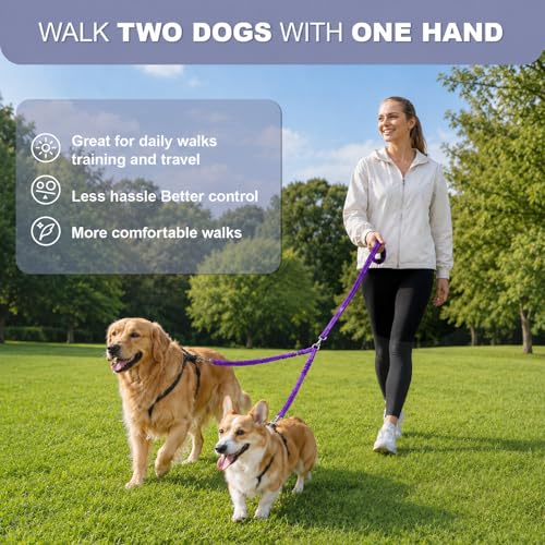 Double Dog Leash for Two Dogs, Complete Set with 31.5" Main Leash + Adjustable Splitter, Padded Handle, D-Ring, 360° Swivel, Shock-Absorbing Bungee, Reflective for Small Medium Large Dogs (Purple) - color: Purple