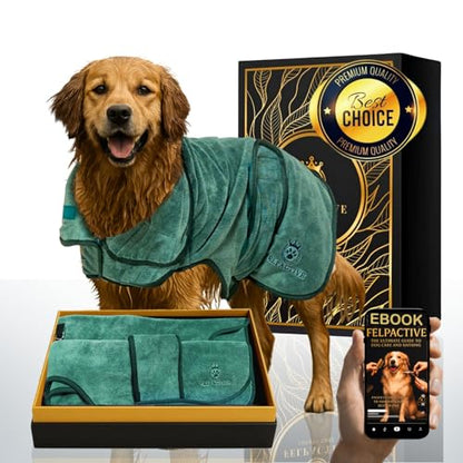 |FELPACTIVE® Premium Dog Drying Robe | Sizes S - XXXL | Quick-Drying Super Absorbent Double-Layer Microfiber | Soft & Snug Fit | Includes Luxury Gift Box + EBOOK | Dog Bath Robe, Pet Warming Bathrobe - color: jade green, size: Large