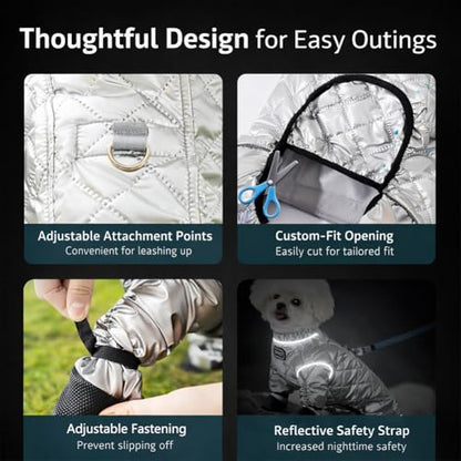Dog Snowsuit with Attached Boots, Waterproof Insulated Quilted Full Body Suit, Reflective Outdoor Walking Snow Outfit for Small Medium Dogs Cold Weather (Silver, L) - size: L