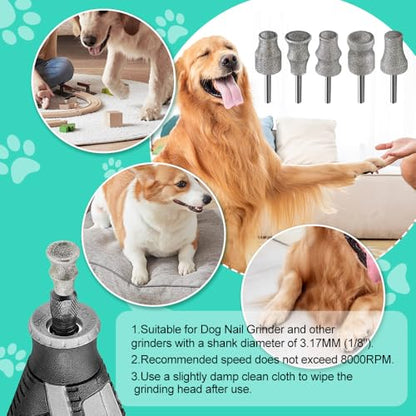Diamond Dog Nail Grinder Bit (1/8" Shank) – 5 PCS Heavy Duty Professional Rotary Grinder Attachment for Dremel, Dual-Beveled & Cooling Design Head for Safe, Quick Pet Claw Shaping - size: 5pcs Mix
