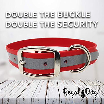 Regal Dog Products Large Red Reflective Dog Collar with Custom Engraved Name Plate and Heavy Duty Center Ring | Waterproof Biothane Personalized Dog Collars - Other Sizes for Small & Medium Dogs - color: Red, size: Large