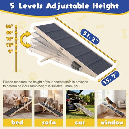 Extra 51.2" Long Dog Ramp for Bed & Couch - Adjustable Height 9.5" to 24" Wooden Non-Slip Pet Ramp, Portable Foldable Doggie Car Ramp for Small Medium Large Older Dogs, 200 LBS Load