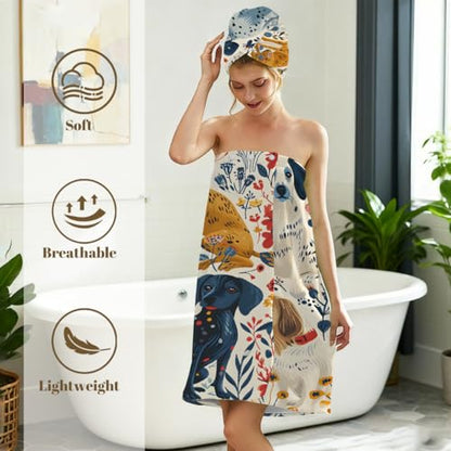 Dogs Flowers Microfiber Bathrobe and Hair Towel Wrap Set for Women Quick Dry Shower Towels Wrap Absorbent Soft Bath Robe and Hair Drying Cap for Spa After Shower