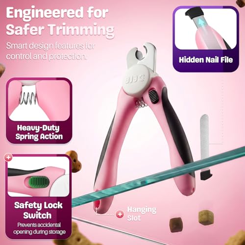 Flexzion Pet Nail Clippers for Dogs & Cats - Stainless Steel Blade Cat Nail Trimmer with Stored Nail File, Safety Guard, Easy Grip Handle - Dog Nail Clippers for Large Dogs, Medium Small Breeds, Pink - color: Pink