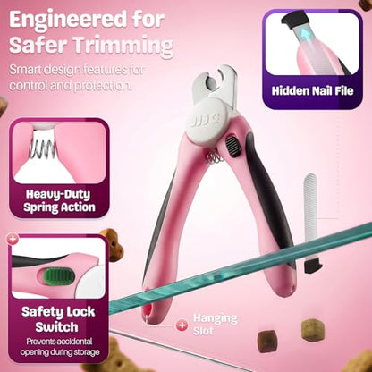 Flexzion Pet Nail Clippers for Dogs & Cats - Stainless Steel Blade Cat Nail Trimmer with Stored Nail File, Safety Guard, Easy Grip Handle - Dog Nail Clippers for Large Dogs, Medium Small Breeds, Pink - color: Pink