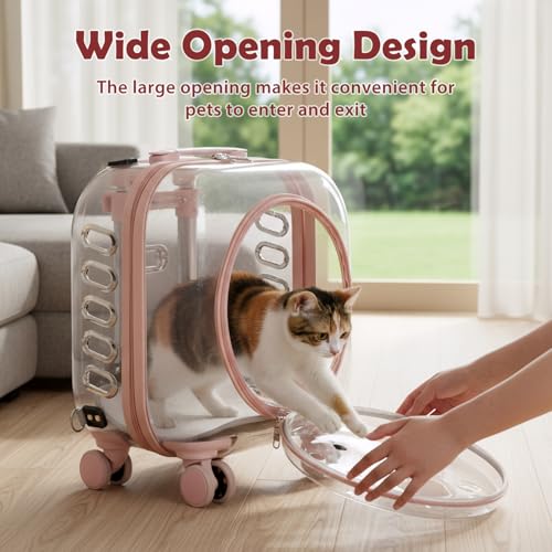 Cat Carrier with Wheels & Detachable Strap – Rolling Pet Trolley with Telescopic Handle, Transparent Hard Shell, Silent Wheels, Ventilated Design for Travel, Walking, Vet Visits for Small - color: Pink