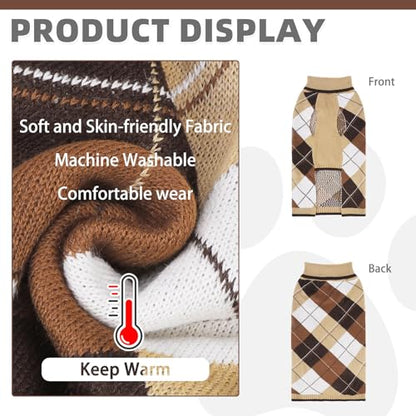 KOOLTAIL Dog Sweater Pet Knitted Clothes - Classic Plaid Pullover Turtleneck Thick Warm Fall Dog Sweaters with Leash Hole, Soft Dog Winter Clothes for Small Medium Large Dogs Cats Puppy Girls Boys,SM - color: Khaki, size: Small/Medium