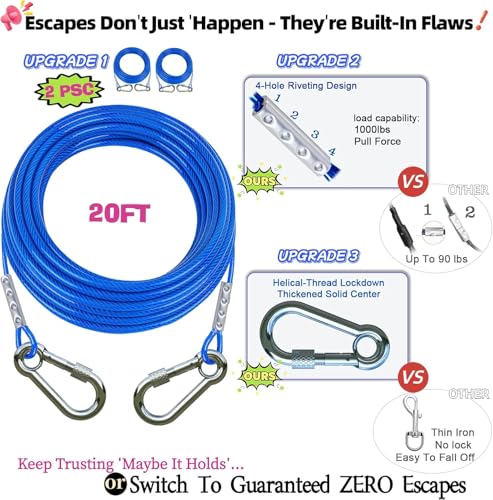 TOPKNOT Dog Tie Out Cable and Stake(up to 200lbs),with 2x20FT Heavy Duty Cables,360°Swivel Dog Run Anchor- No Tangle,Runner for Yard,for Outdoor Camping
