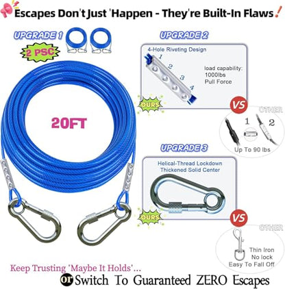 TOPKNOT Dog Tie Out Cable and Stake(up to 200lbs),with 2x20FT Heavy Duty Cables,360°Swivel Dog Run Anchor- No Tangle,Runner for Yard,for Outdoor Camping
