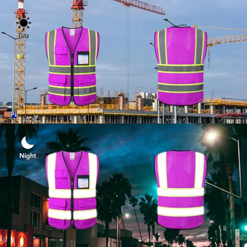 Reflective Safety Vest for Men Women Hi Vis Vest with 8 Pockets High Visibility Mesh Reflective Vest Meets ANSI/ISEA Standards (Purple-07, Medium) - color: Purple, size: Medium