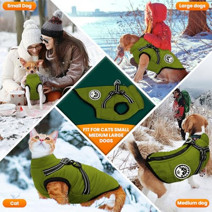 PETCARE Winter Dog Coat with Harness Built in Waterproof Dog Jackets Warm Pet Fleece Vest Windproof Snow Jacket Snowsuit Reflective Dogs Cold Weather Coats for Puppy Small Medium Large Dogs Cats - color: Green, size: M(Chest 14.6" Suggest 4-7 lbs)