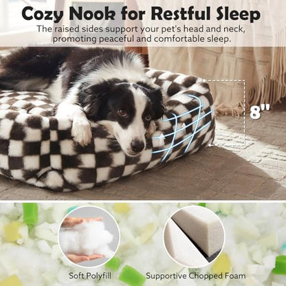 JOEJOY Dog Bed Medium Size Dog, Removable Washable Cover Orthopedic Soft Pet Bed, Anti-Slip Fluffy Plush Faux Rabbit Fur Puppy Bed, 30"x24"x8", Checkered, Brown - color: Brown, size: M (30"x24"x8")