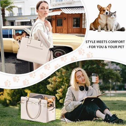 Dog Purse Carrier for Small Dogs, Stylish Foldable Pet Carrier Purse Tote Bag with Washable Cushion & Safety Leash, Airline Approved Puppy Travel Bag with Pockets (White) - color: White