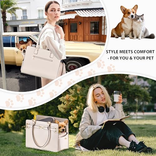 Dog Purse Carrier for Small Dogs, Stylish Foldable Pet Carrier Purse Tote Bag with Washable Cushion & Safety Leash, Airline Approved Puppy Travel Bag with Pockets (White) - color: White