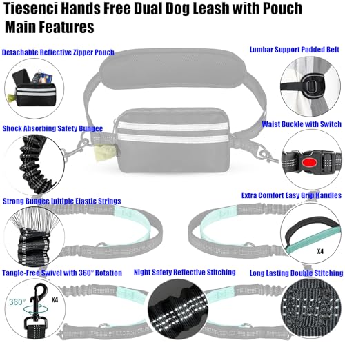 Hands Free Double Dog Leash No-Pull Bungee Black/Blue Large Dogs | Dual-dog waist/crossbody for Walking running, bungee no-pull, storage pouch, reflective, 2 padded handles - size: 2 Leashes