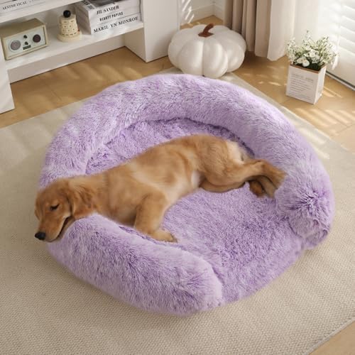 Extra Large Calming Dog Bed, Memory Foam Donut Bed with Waterproof Lining, Removable Cover (Lilac, 2XL) - color: Lilac, size: 43.3x43.3x3.9 in