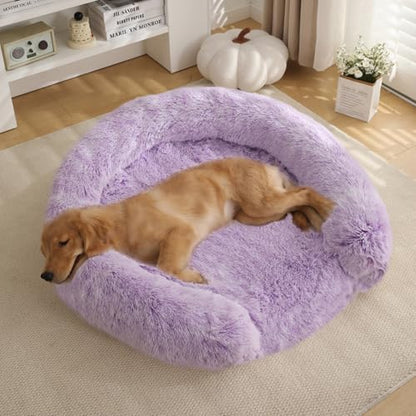 Fluffy Dog Bed for Large Dogs - C-Shaped Dog Bed Mat with Waterproof Lining Removable Cover, Washable and Non-Slip Bottom (Lilac, XL) - color: Lilac, size: 35.4x35.4x3.9 in