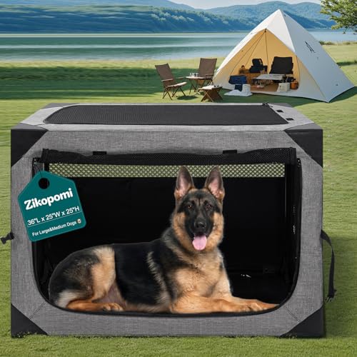 Zikopomi 30 Inch Portable Travel Dog Crate, 3 Door Collapsible Soft Pet Kennel with Durable Mesh Windows for Small and Medium Dogs, Foldable Dog Cage with Storage Pocket for Outdoor (Dark Grey) - color: Dark Grey, size: 30.0"L x 21.0"W x 21.0"H