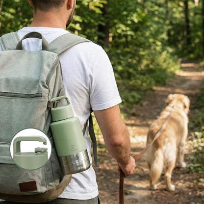 32oz Insulated Dog Water Bottle Dispenser, 3-in-1 Stainless Steel Travel Cup with 2 Detachable Food and Water Bowls, Leak Proof Large Pet Gear, Ideal Gift for Dog Lovers - color: green