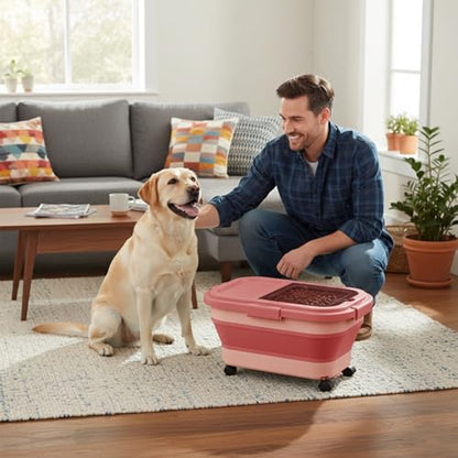 Summark 15 Lbs Dog/Cat Food Storage Container,Collapsible Food Storage Containers with Rolling Wheel Airtight Locking Lid,Pet Food Storage Container with Cup and Scoop,Pink - color: Pink