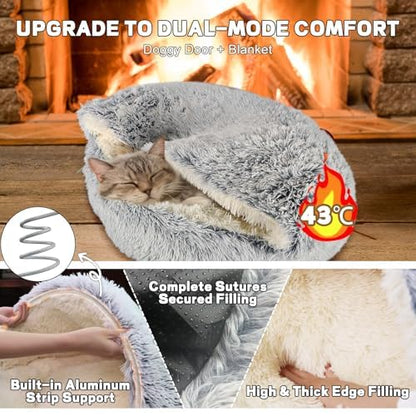 YUDANSI Calming Small Dog Bed & Indoor Cat Bed - Plush Fluffy Hooded Cave Nest, Anti-Slip Self-Warming, Washable Built-in No-Collapsing Support (Grey-65cm/26in) - color: Non-removable-65cm