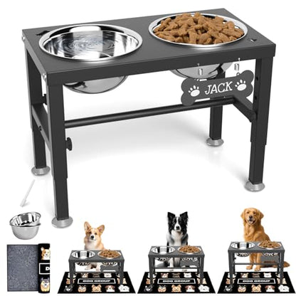 SHAINFUN Elevated Dog Bowls with Mat for Medium Large Dogs, Raised Dog Bowl Stand with 2 Stainless Steel 58oz Bowls, Tall Dogs Food Water Bowl Holder - color: Black-1.7L