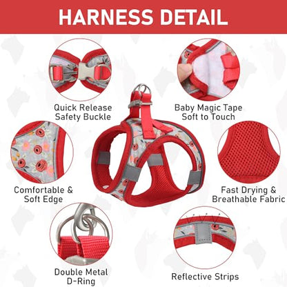 GAMUDA Small Dog Harness Collar and Leash Set, Step in No Chock No Pull Soft Mesh Adjustable Dog Vest Harnesses Plaid Reflective for Dogs Puppy Cats Kitten Rabbit (Red Flower, XXS) - color: Red Flower, size: XXS