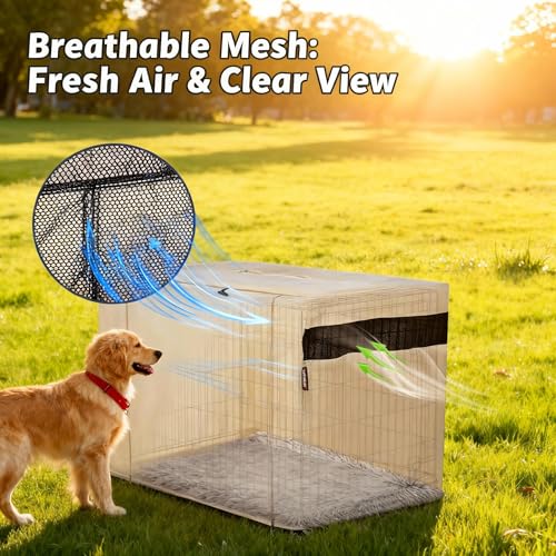 HiCaptain Dog Crate Cover 30.0" L x 19.0" W x 21.0" H with Breathable Mesh, Durable Heavy Duty Kennel Cover, Dual Zippered Panels, Windproof Waterproof UV-Resistant(Beige) - color: Beige, size: 30.0"L x 19.0"W x 21.0"H