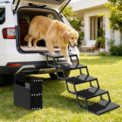 5-Step Dog Stairs for Car, Foldable Pet Steps for Large Dogs | 300 lb Metal Frame, Rigid Non-Slip Treads and Safety Tether for SUVs