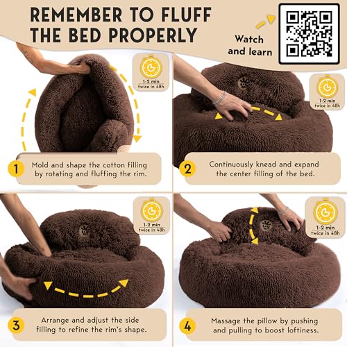 PetJett Dog Beds Large Sized Dog - 36'' Calming Round Bed, Anti-Slip & Washable Super Soft Donut Bed, Fluffy Faux Fur Anti-Anxiety Premium Comfort Pet Bed, Fits Dogs up to 80 lbs - Brown - color: Brown, size: Large - 36”L x 36”W x 8”Th