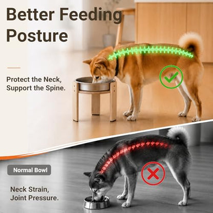Elevated Slow Feeder Dog Bowl for Medium Dogs, Adjustable Raised Dog Bowl Stand with Stainless Steel Slow Feed Bowl, Reduces Choking & Improves Digestion, Non-Slip Bamboo Stand - color: natural